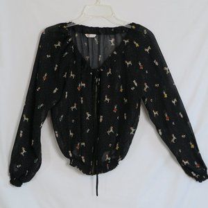 159-MA Black Animal Print Polka Dot Zip-Front Blouse Size M
